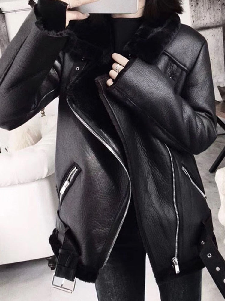 Ailegogo 2022 Winter Coats Women Thick Faux Leather Fur Sheepskin Coat Female Fur Leather Jacket Aviator Jacket Casaco Feminino