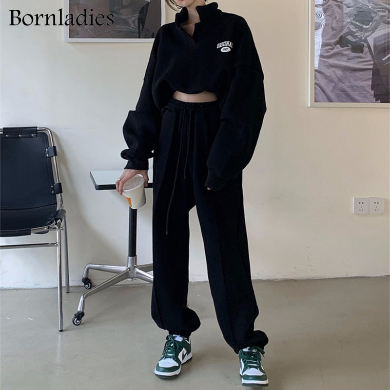 Bornladies Women Cotton Sweatshirt Suit Oversized Sets Female Stand Collar Loose Sweatshirt + Long Pants Suits Short Sets