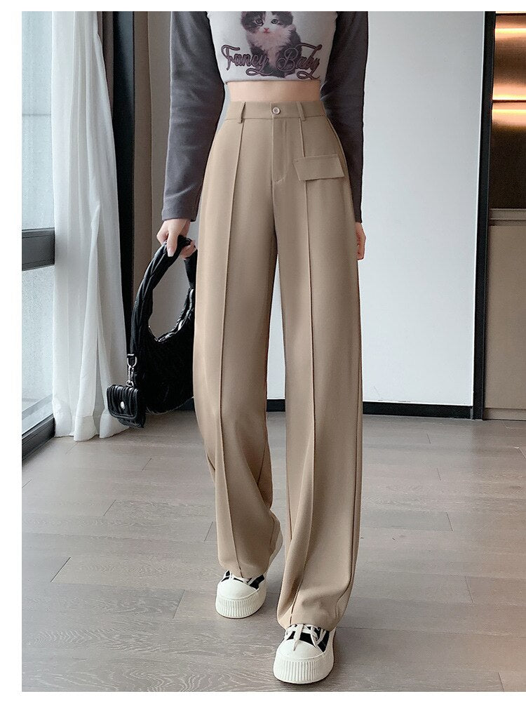 2023 HappyLisa Women Spring Summer Long Suit Pants Ladies High Waist Wide Leg Floor-Length Loose Pant Female Casual Trousers P09