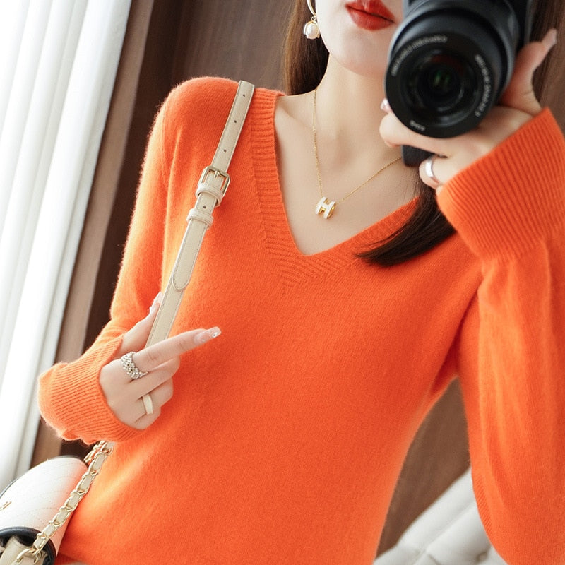 Women&#39;s Sweater 2022 Autumn Winter Knitted Pullovers V-neck Slim Fit Bottoming Shirt Solid Soft Knitwear Jumpers Basic Sweaters