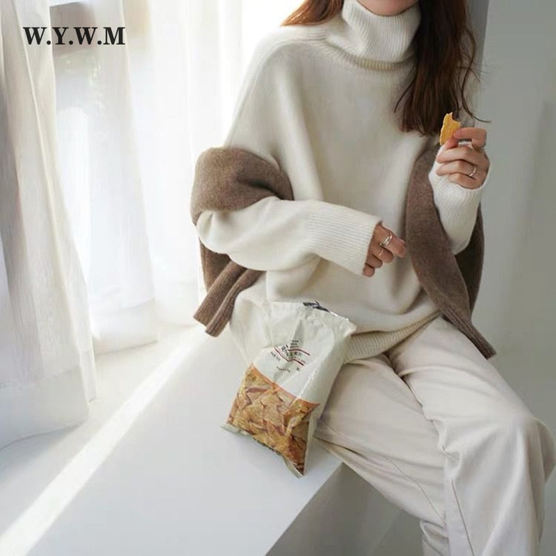 WYWM Turtle Neck Cashmere Sweater Women Korean Style Loose Warm Knitted Pullover 2021 Winter Outwear Lazy Oaf Female Jumpers