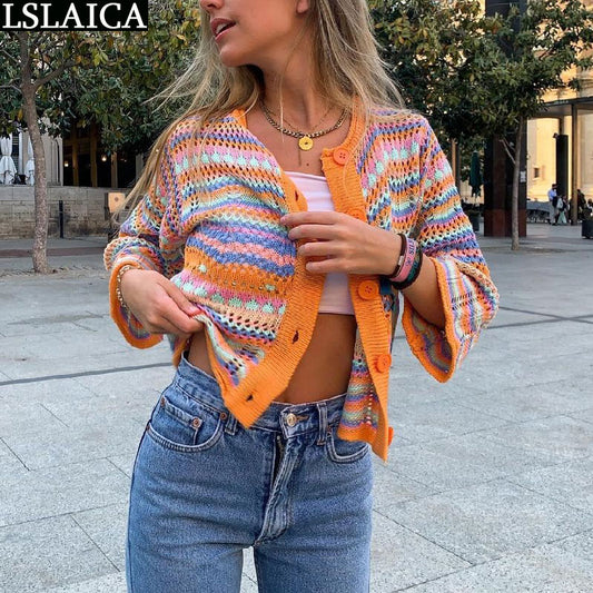 Cardigan Top Women Long Sleeve Single Button Decorated Slim Rainbow Striped Patchwork Women&#39;s Sweater Spring Autumn Fashion 2022