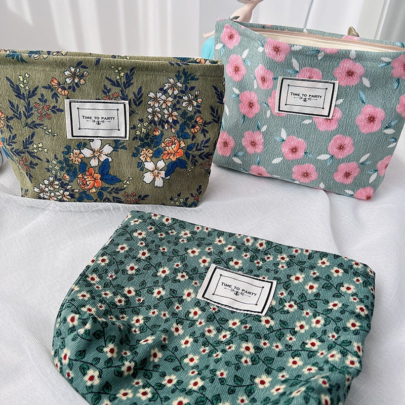 Cosmetic Bag Women Floral Makeup Case Organizer Korean Embroidery Cosmetic Pouch Travel Toiletry Bag Corduroy Canvas Beauty Case