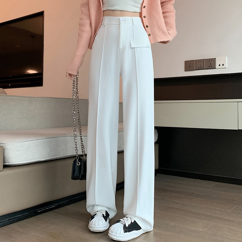 2023 HappyLisa Women Spring Summer Long Suit Pants Ladies High Waist Wide Leg Floor-Length Loose Pant Female Casual Trousers P09