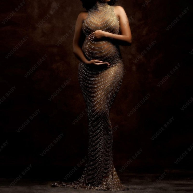 Maternity Photography Gown Baby Shower Dress Sexy Shiny Rhinestone Goddess Bodysuit Pregnant Woman Photo Shoot Props