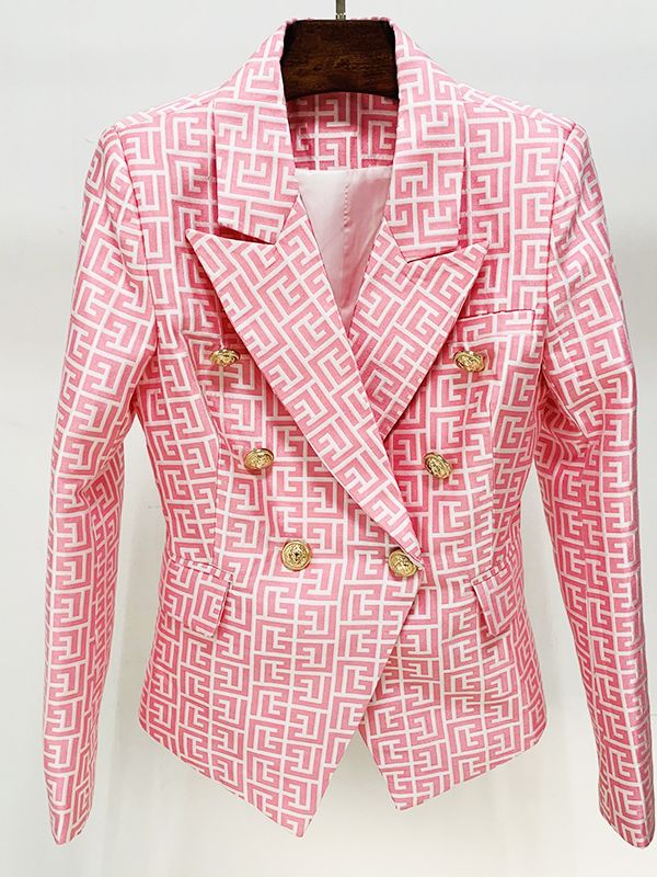 HIGH STREET Newest Designer Jacket Women&#39;s Double Breasted Lion Buttons Geometrical Jacquard Blazer