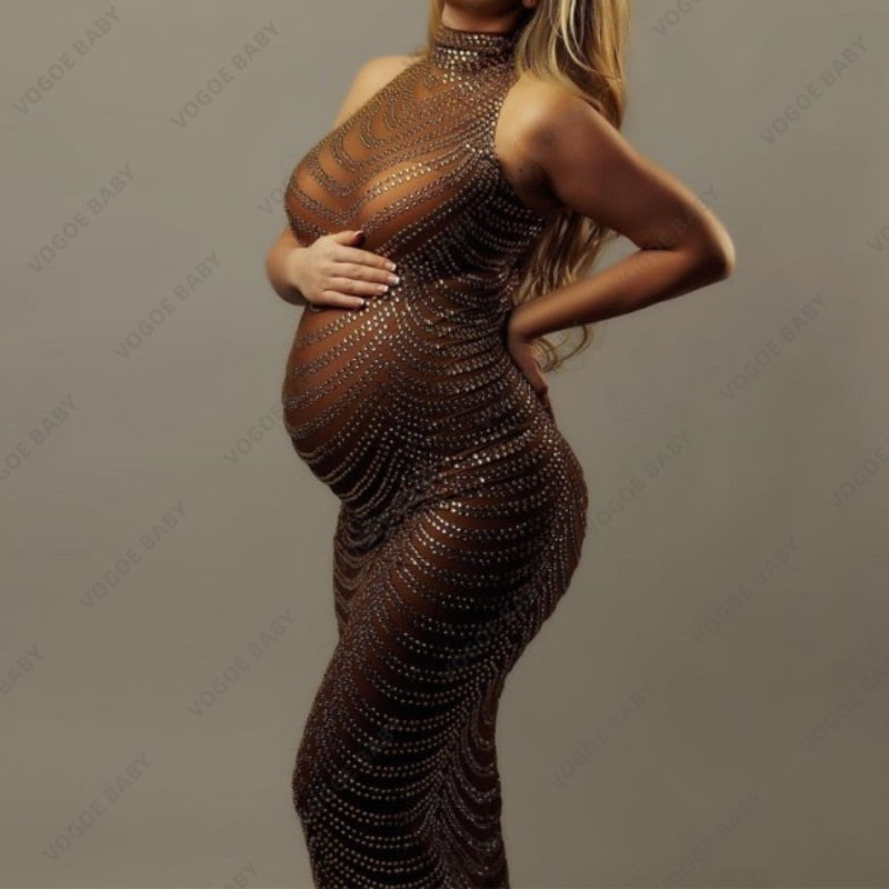 Maternity Photography Gown Baby Shower Dress Sexy Shiny Rhinestone Goddess Bodysuit Pregnant Woman Photo Shoot Props