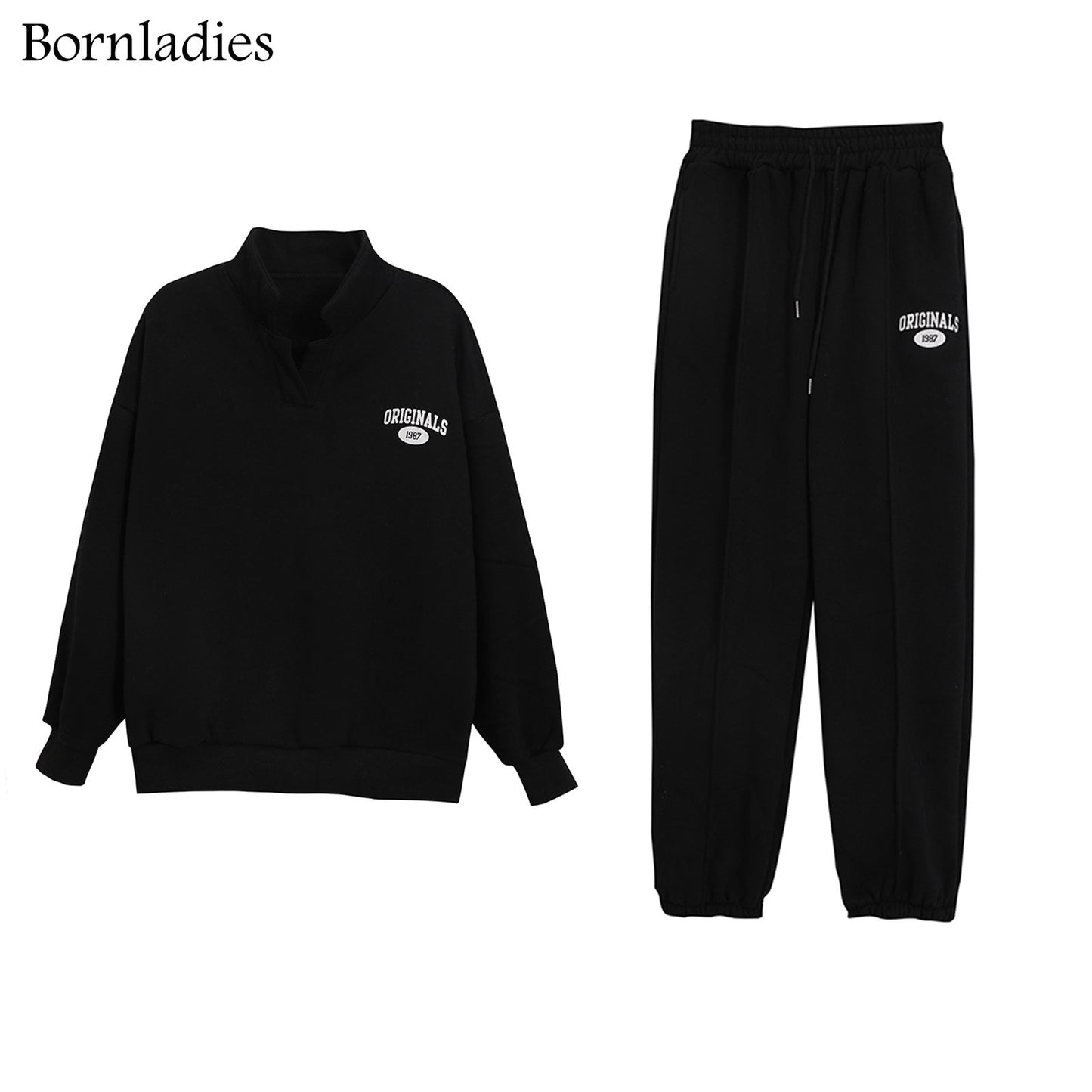 Bornladies Women Cotton Sweatshirt Suit Oversized Sets Female Stand Collar Loose Sweatshirt + Long Pants Suits Short Sets