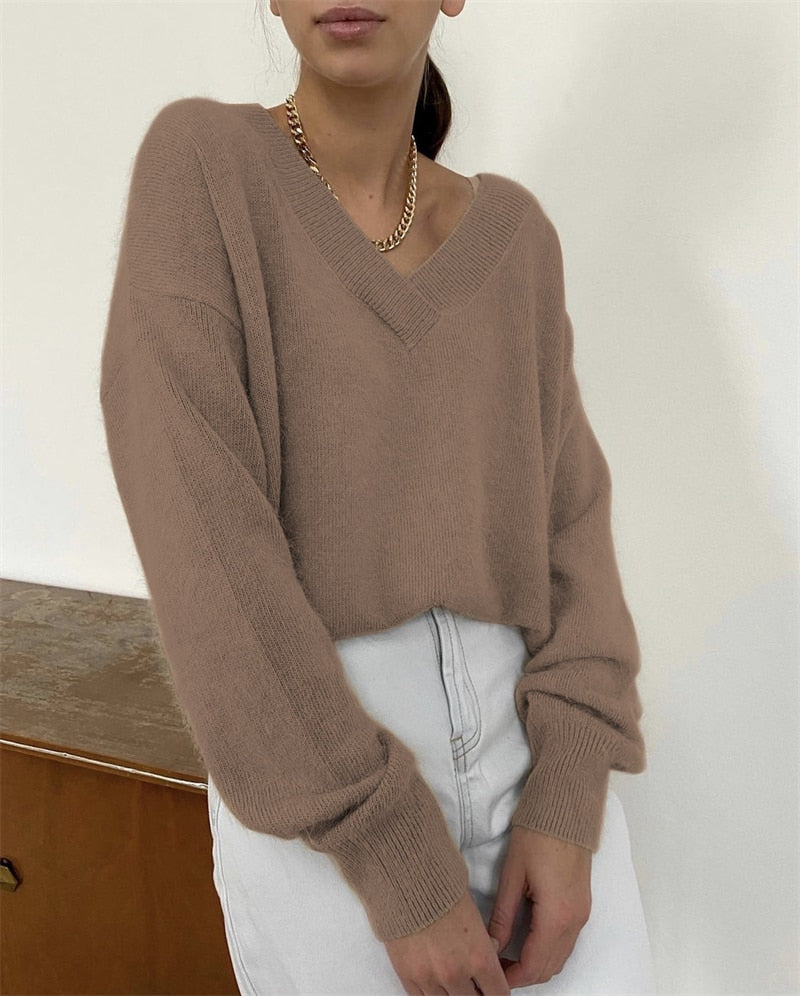 Blessyuki Soft Cashmere Sweater Women 2022 New Casual Loose V-Neck Basic Knitted Pullovers Female Korean Simple Lazy Jumper Tops