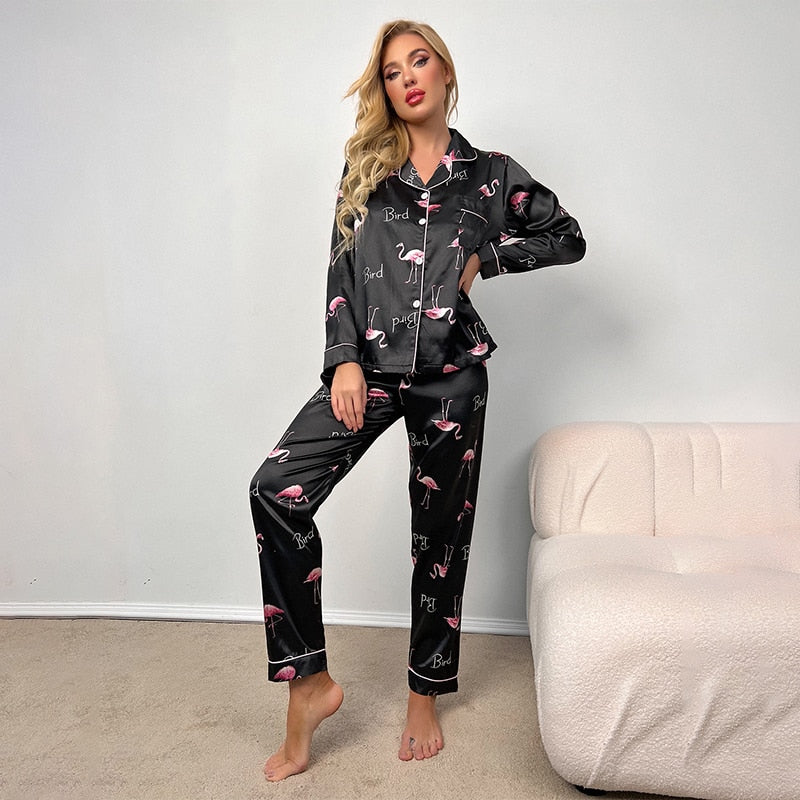 Spring Summer Women&#39;s Pijamas Silk Satin Pajamas Set Long Sleeve and Trouser Pyjamas Suits Sleepwear Loungewear Female Mujer