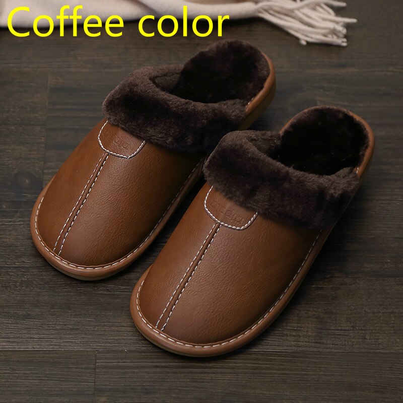 FONGIMIC Men Slippers Black New Autumn PU Leather Slippers Warm Indoor Slipper Waterproof Home Shoes Men Warm Leather Slippers