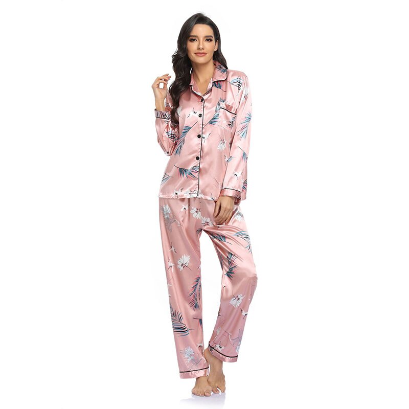 Spring Summer Women&#39;s Pijamas Silk Satin Pajamas Set Long Sleeve and Trouser Pyjamas Suits Sleepwear Loungewear Female Mujer