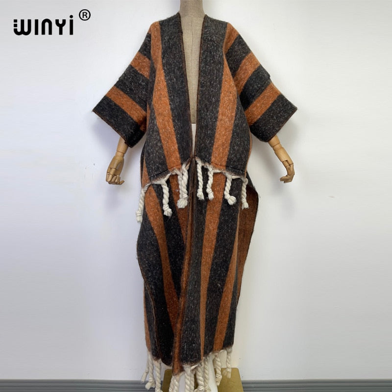 2022 WINYI Winter Women tassel Cardigan coat Loose Christmas dress robe longue Thick Warm free size Middle East Female Kaftan