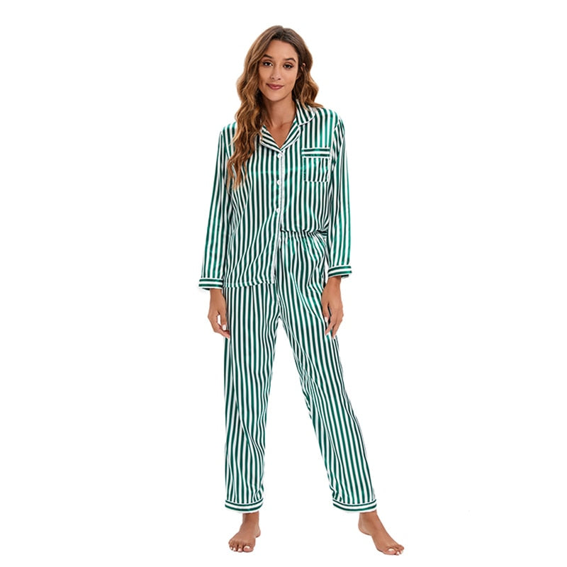 Spring Summer Women&#39;s Pijamas Silk Satin Pajamas Set Long Sleeve and Trouser Pyjamas Suits Sleepwear Loungewear Female Mujer