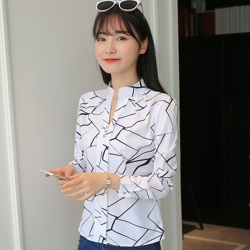 JFUNCY  Women White Tops and Blouses Fashion Stripe Print Casual Long Sleeve Office Lady Work Shirts Female Slim Blusas