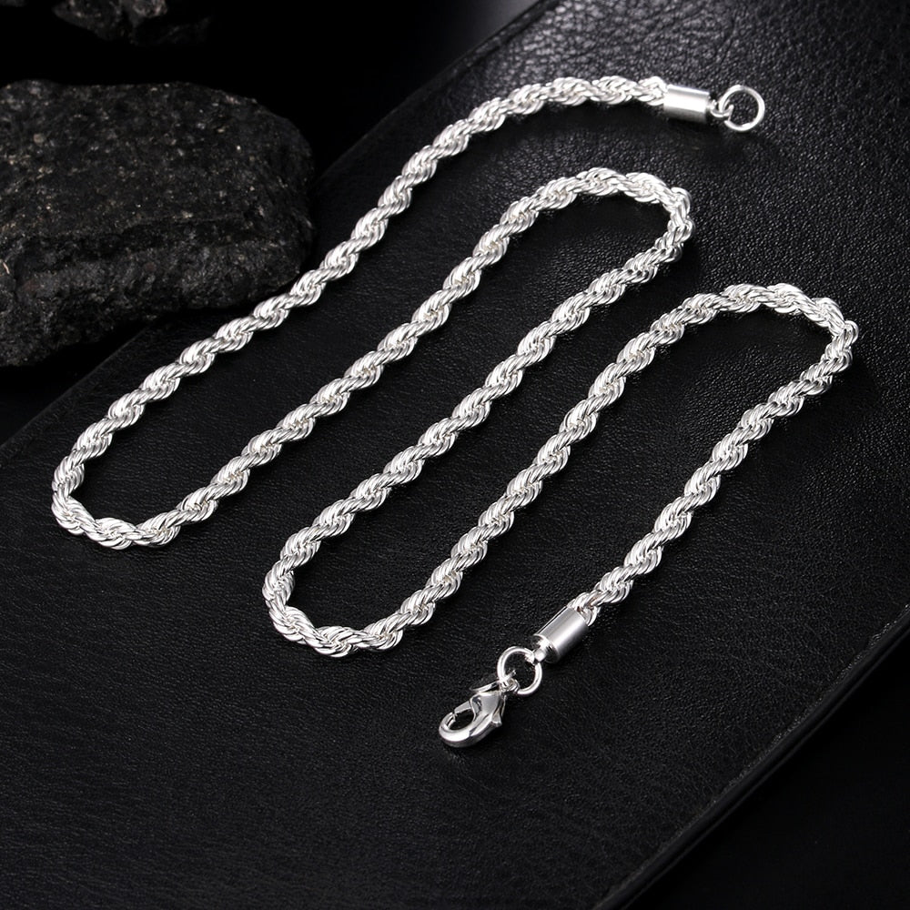 high quality 925 silver color 4MM women men chain male twisted rope necklace bracelets fashion Silver jewelry Set