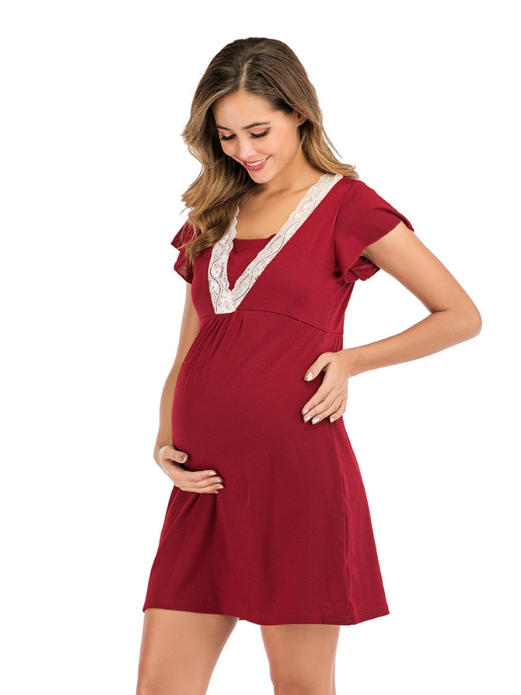 Maternity Dress for Hospital Nightgown Pregnant Women Nursing Nightwear Pajama Lace Sleepwear Breastfeeding Gown Short Sleeve