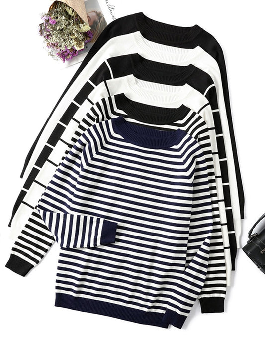 2022 Autumn Winter Long Sleeve Striped Pullover Women Sweater Knitted Sweaters O-Neck Tops Korean Pull Femme Jumper Female White