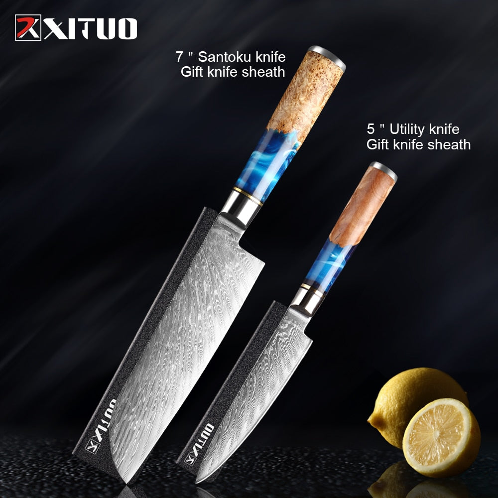 XITUO Kitchen Knives-Set Damascus Steel VG10 Chef Knife Cleaver Paring Bread Knife Blue Resin and Color Wood Handle 1-7PCS set