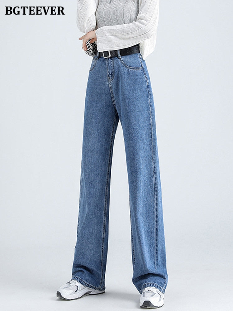 BGTEEVER Casual Spring Women Long Jeans Trousers High Waist Pockets Loose Female Wide Leg Denim Pants Ladies Floor-Length Pants