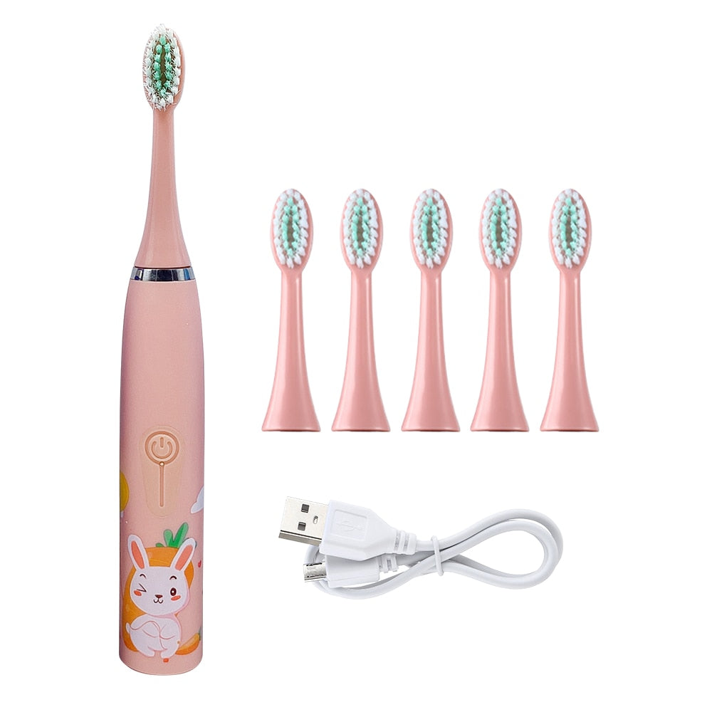 Children's Electric Ultrasonic Toothbrush Soft Bristled Cartoon 4 Mode IPX6 Waterproof Teeth Prevention Decay Cleaner USB Charge