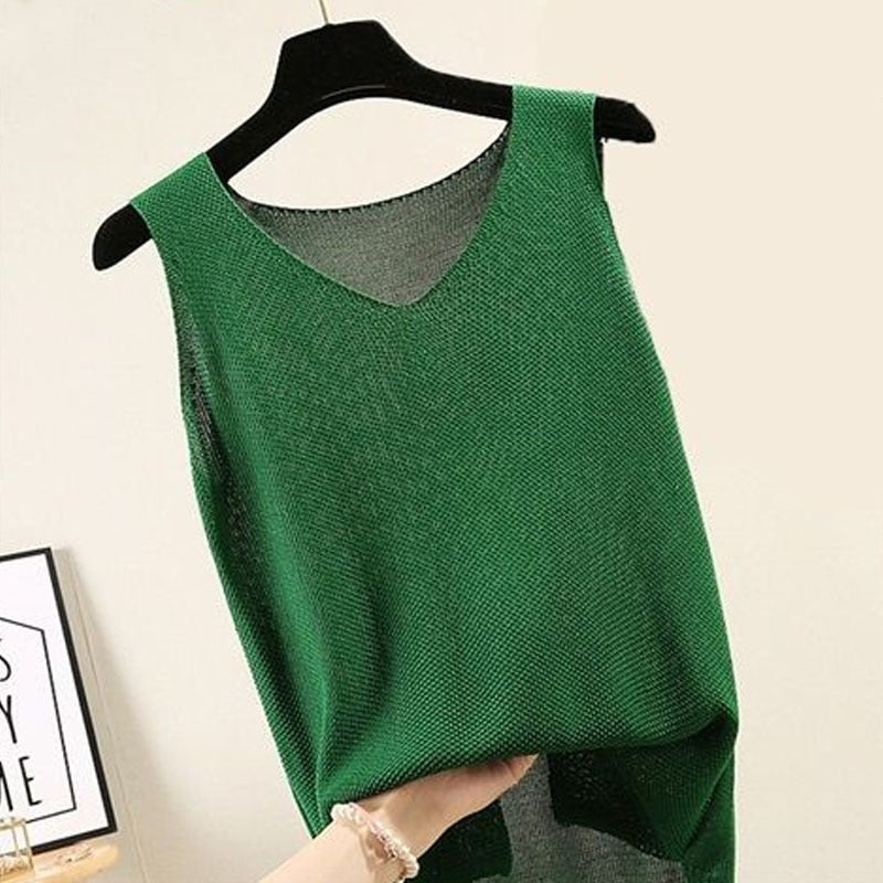 Blusas Mujer De Moda 2021 Blouse Women Summer Sleeveless Knitted Blouse Shirt Women Clothes V-neck Blouse Women Tops Shirts C855