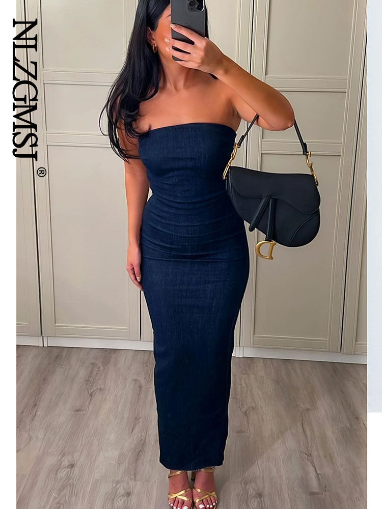 Nlzgmsj Sexy Strapless Backless Zipper Split Dress Party Blue Denim Female Long Dress for Women Clothes Summer Evening Dresses