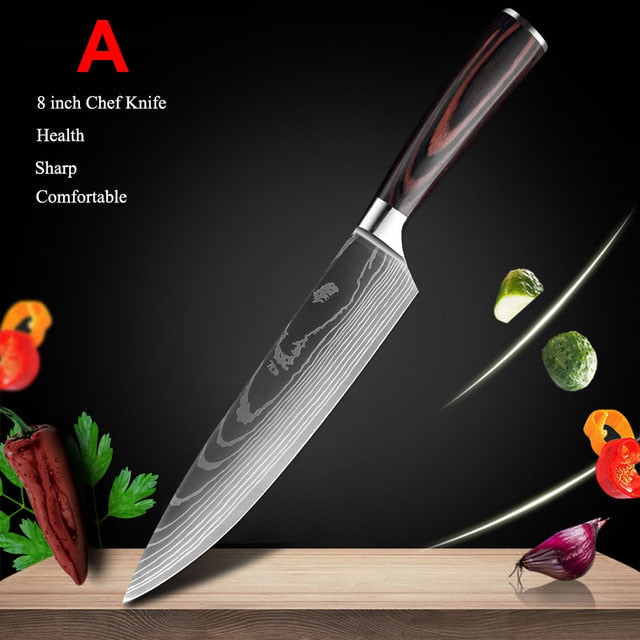 Japanese Kitchen Knife Set Laser Damascus Pattern Stainless Steel Sharp Cleaver Slicing Utility Knives Kitchen Tools