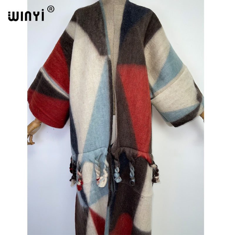 2022 WINYI Winter Women tassel Cardigan coat Loose Christmas dress robe longue Thick Warm free size Middle East Female Kaftan