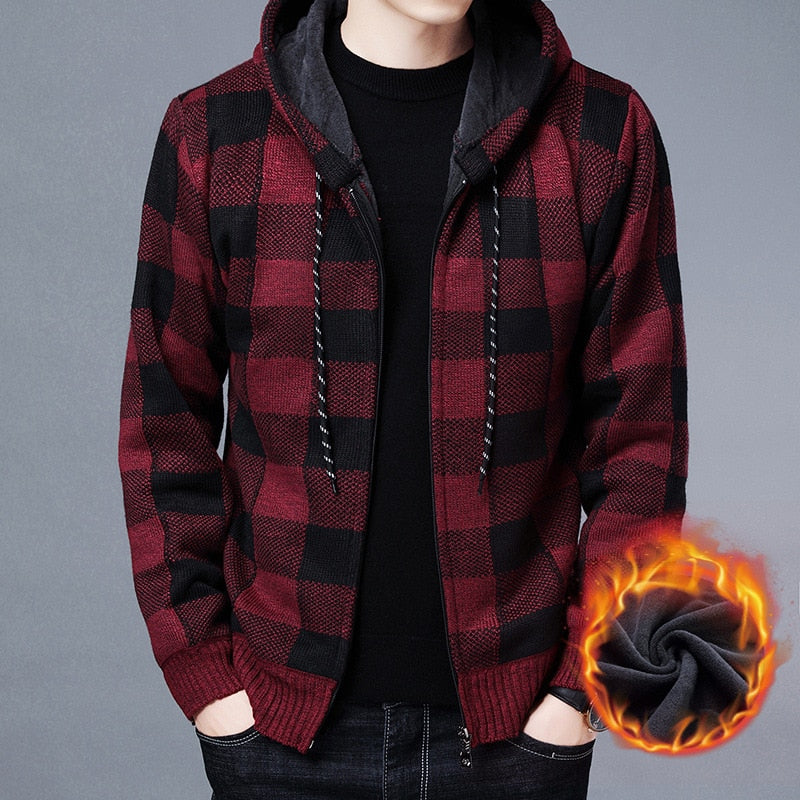 Winter 2022 New Men&#39;s Fleece Thickened Cardigan Knit Sweater / Male Loose Warm Hooded Add Wool Jacket Coat