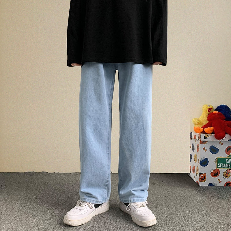 2021 Autumn New Streetwear Baggy Jeans Men Korean Fashion Loose Straight Wide Leg Pants Male Brand Clothing Black Light Blue