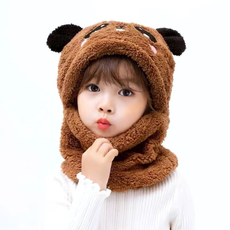 New Autumn and Winter Cute Children Cartoon Scarf Hat Two-piece Double Fleece Warmth Boy Girl Child Adult Parent-child Baby hat