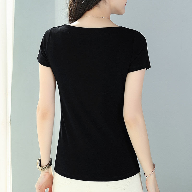 Women Sweetshirts Short sleeve womens clothing Black white T-shirts for girls Skew collar summer clothes Design Woman clothes