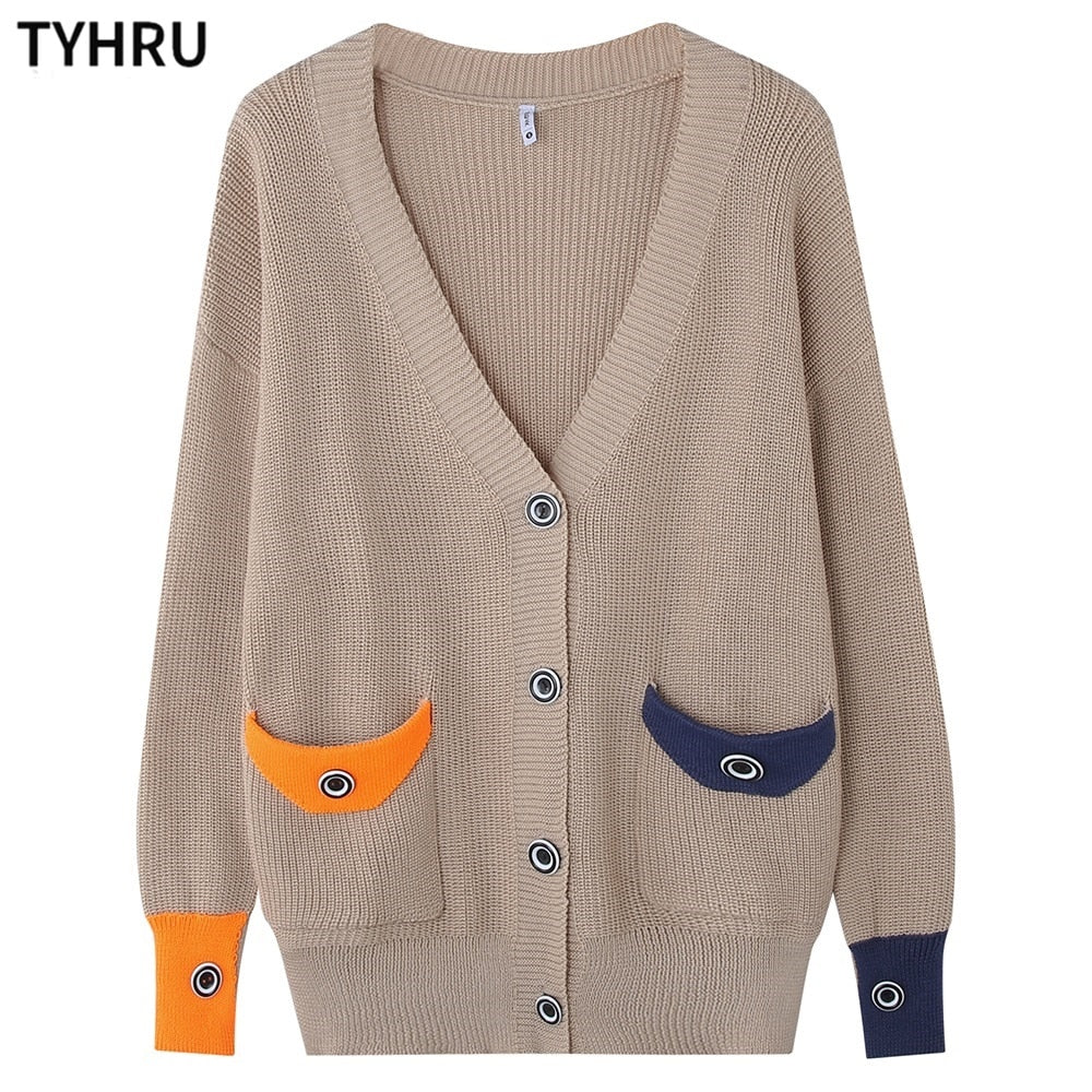 TYHRU Women&#39;s Knitting Sweater Color Matching Diamond Lattice Single-Breasted Buttons Loose Casual Knitted Cardigan Sweaters