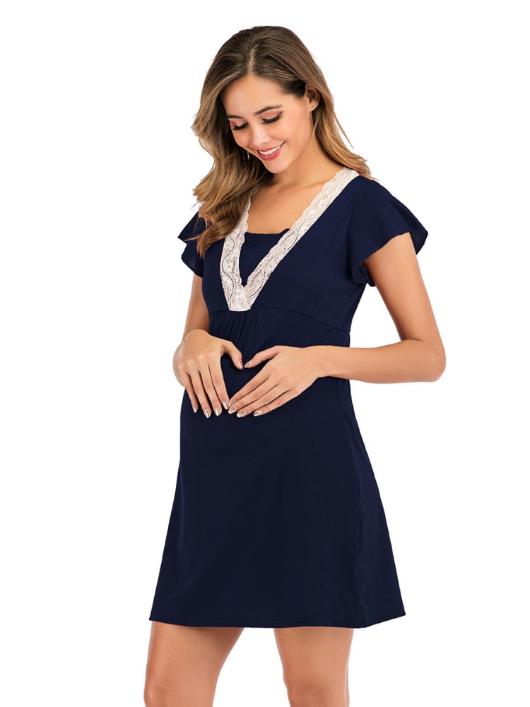 Maternity Dress for Hospital Nightgown Pregnant Women Nursing Nightwear Pajama Lace Sleepwear Breastfeeding Gown Short Sleeve