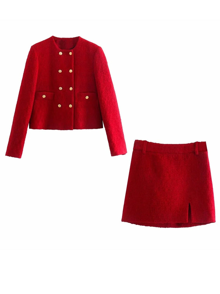 xikom Tweed Two pieces set Women red Vintage O Neck Long Sleeve Office Lady slim Blazer Coat Female Hight Waist skirt suit