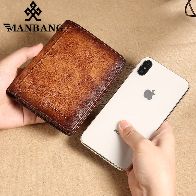 Manbang Men&#39;s Wallets RFID Genuine Leather Trifold Wallets For Men with ID Window and Credit Card Holder