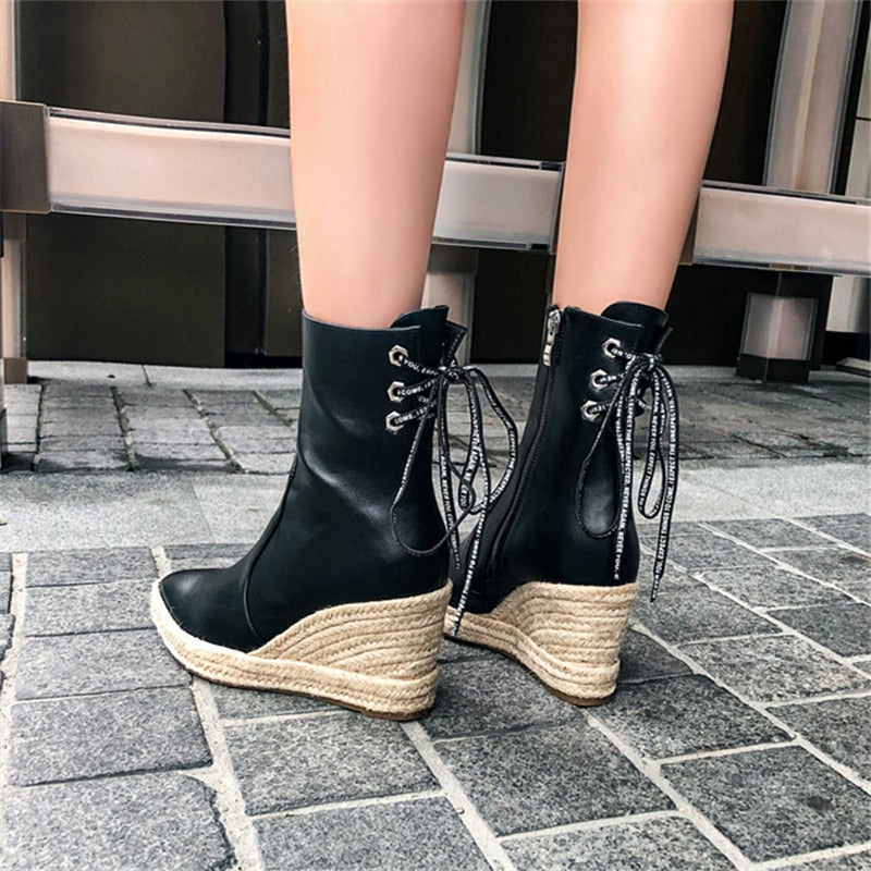 Women&#39;s High Quality Ankle Boots Women&#39;s Hemp Rope Straw Platform Wedge Boots Women&#39;s Zipper Back Collar Autumn Boots