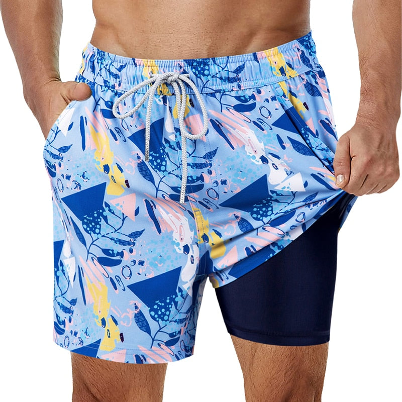 SURFCUZ Mens Swimming Trunks with Compression Liner Stretch Mens Swimwear 2 in 1 Quick Dry Running Gym Swim Shorts for Men