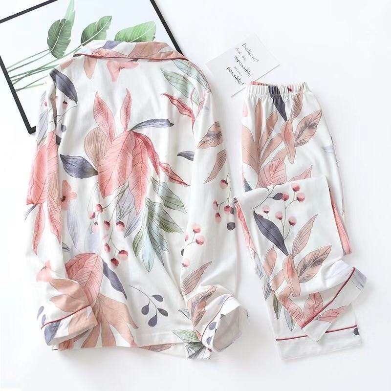 2022 Spring Leaves Printed Women&#39;s Pajama Cotton Plus Size Two-piece Set Brief Fashion Long Sleeve Home Clothes Female Sleepwear