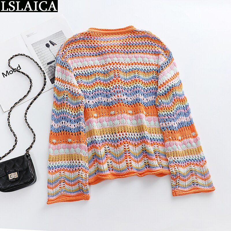 Cardigan Top Women Long Sleeve Single Button Decorated Slim Rainbow Striped Patchwork Women&#39;s Sweater Spring Autumn Fashion 2022