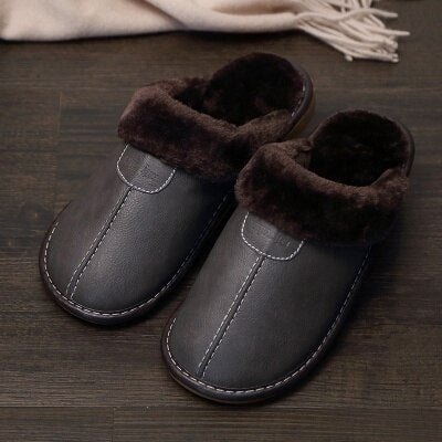 FONGIMIC Men Slippers Black New Autumn PU Leather Slippers Warm Indoor Slipper Waterproof Home Shoes Men Warm Leather Slippers