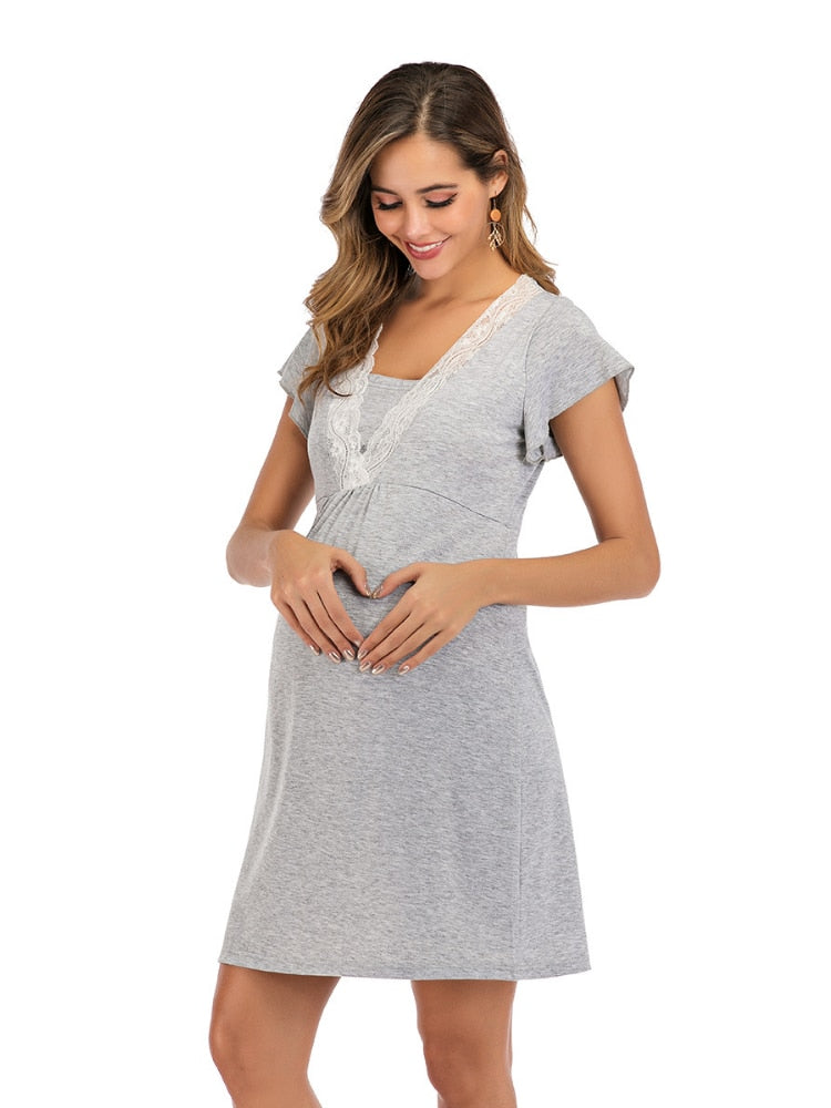 Maternity Dress for Hospital Nightgown Pregnant Women Nursing Nightwear Pajama Lace Sleepwear Breastfeeding Gown Short Sleeve