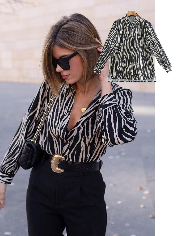 women satin blouse long sleeve zebra print shirts vintage office ladies tops femme chandails fashion blusa de mujer Chandails