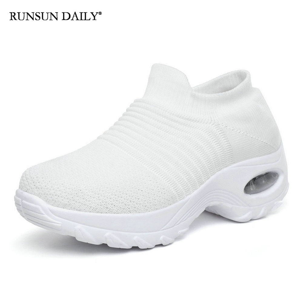 Women&#39;s Walking Shoes Fashion Air Cushion Thick Bottom Sneakers Slip-on Lightweight Breathable Casual Shoes