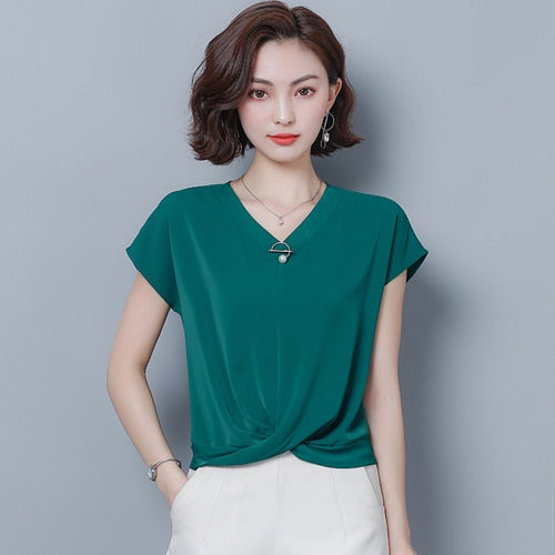 Spring Summer New Elegant Irregular Chiffon Shirts Women Loose Bat Short Sleeve V-neck Office Lady Solid Summer Tops Blusas 9051