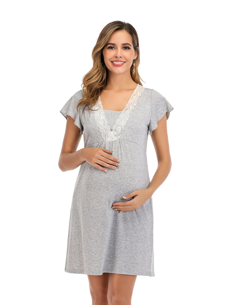 Maternity Dress for Hospital Nightgown Pregnant Women Nursing Nightwear Pajama Lace Sleepwear Breastfeeding Gown Short Sleeve