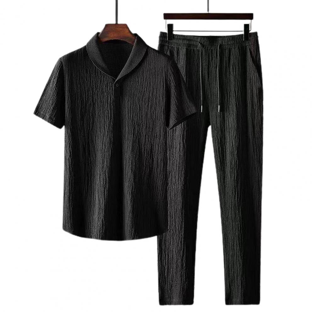 2Pcs/Set Summer Men&#39;s Suit Elastic Waistband Pleated Casual Outfit Men Business Short Sleeve Shirts Long Pants Set Male Clothing