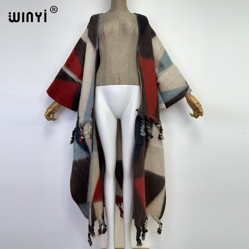 2022 WINYI Winter Women tassel Cardigan coat Loose Christmas dress robe longue Thick Warm free size Middle East Female Kaftan