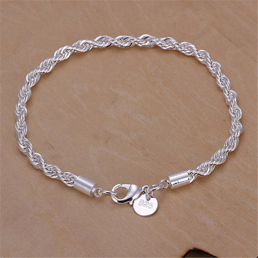 high quality 925 silver color 4MM women men chain male twisted rope necklace bracelets fashion Silver jewelry Set